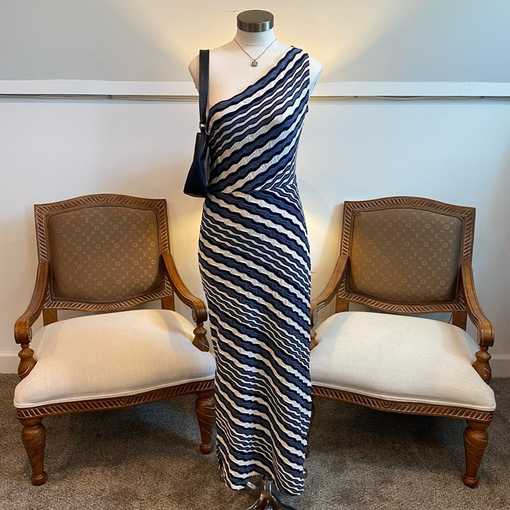 SEARLE Vintage 90s Navy Blue and White Striped Knit One-Shoulder Maxi Dress